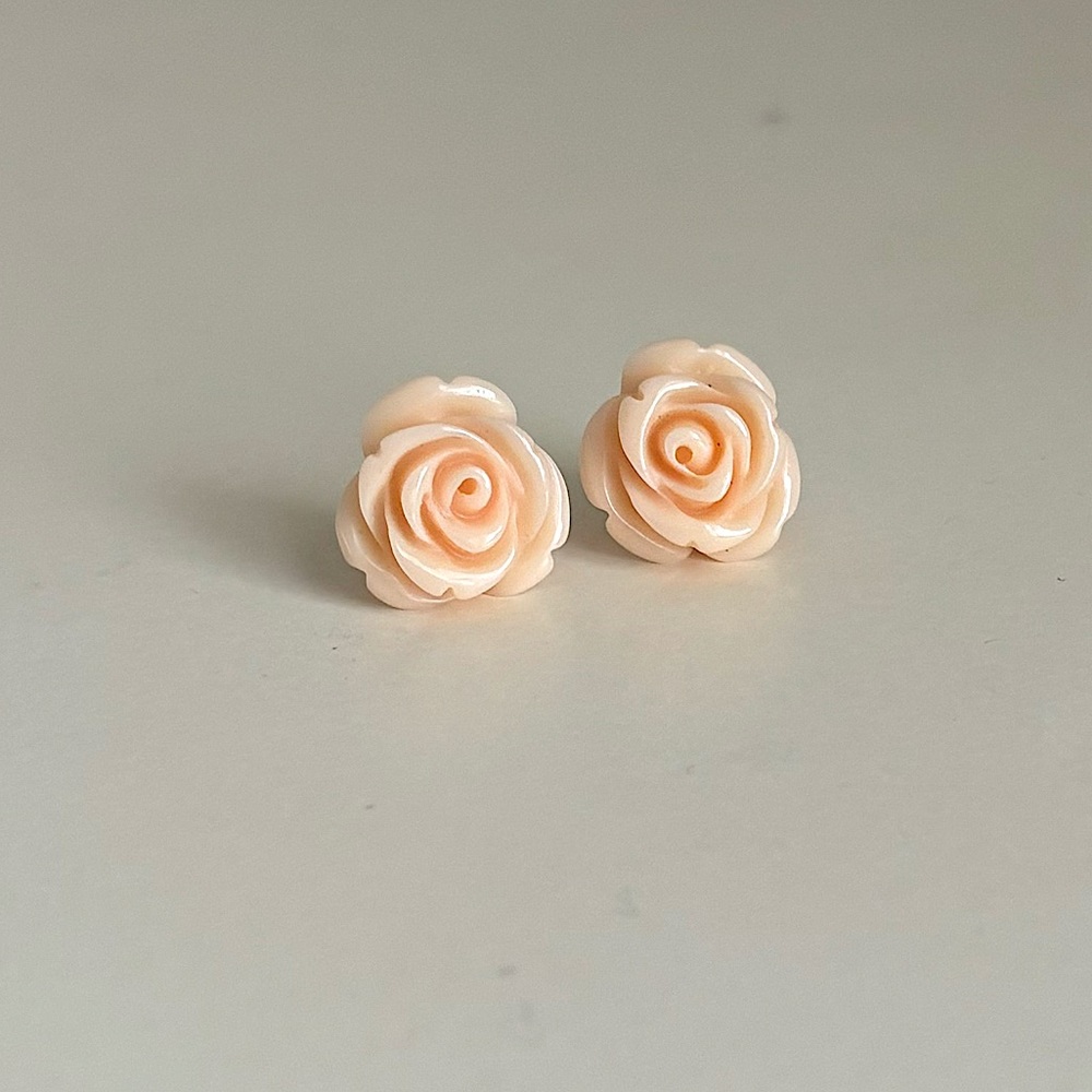Rose Flower Earrings Boho Shabby Chic Pale Peach Plastic Resin Stainless Post